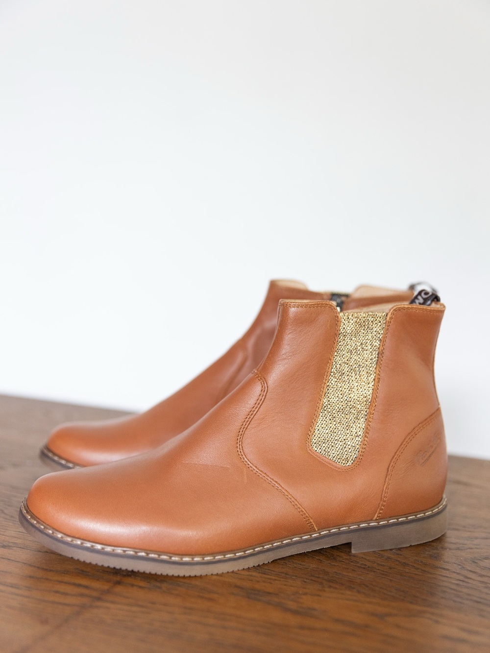 Pom D'Api Kids Tan Leather Chelsea Boots with Gold Elastic